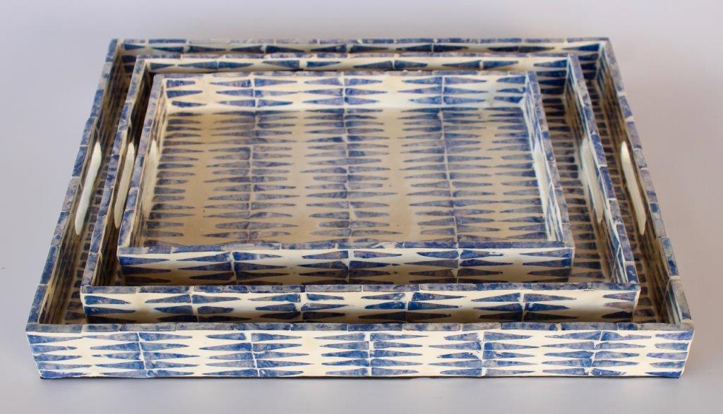 Set Of 3 Blue Rectangular Capiz Trays